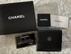CHANEL ココボタン　三つ折り財布 黒 レザー