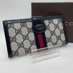 【美品】グッチ GG スプリーム シェリーライン 長財布 ロングウォレット 紺