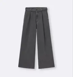 【ベルトなし】GU ライトデニムベルテッドワイドパンツ S ダークグレー