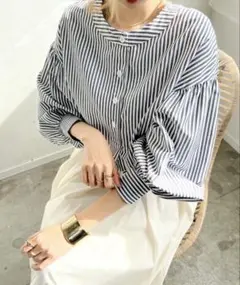 ストライプバルーンスリーブバンドカラーシャツブラウス