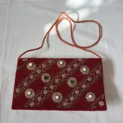 ヴィンテージ　インド製　ハンドメイド　ザリ刺繍　ショルダーバッグ　ベロア