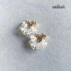 [1051]チェコガラスのつぶつぶフープイヤリング 白 クリア ハンドメイド