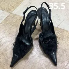 黒ファー付きレザー ハイヒール　35.5