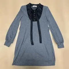 グレー ワンピース リボン フリル バイカラー M 大人可愛い