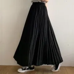 junoah Lサイズ プリーツ フレア ロングスカート ブラックのサムネイル