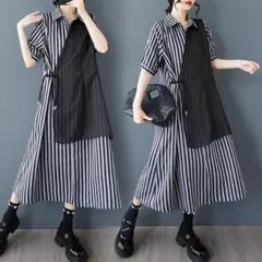 大きいサイズ ワンピース　ストライプレディース 春夏　 新品 半袖　レースアップ