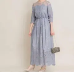 【美品】Chaco パーティードレス38（M）ロング丈　レース　ブルー