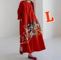 ゆうこりん様専用です❣️華やか和柄ロングワンピース 赤×多色刺繍風デザイン L