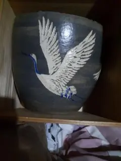 萬古焼　松阪萬古　鉢(火鉢？)　２個セット共箱付き　鶴の絵柄