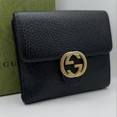 【美品】GUCCI　インターロッキング　二つ折り財布　ブラック　レザー