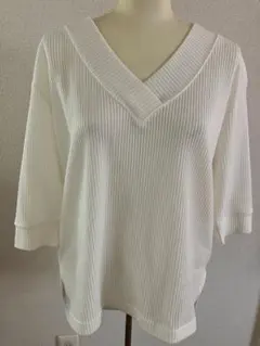 INGNIホワイト Vネック リブ編み 七分袖 トップス