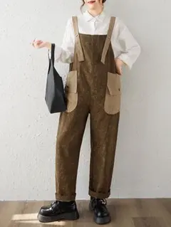 オシャレデザイン サロペット オーバーオールI テーパードパンツ 大きなポケット