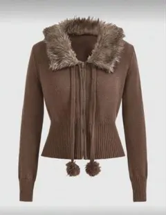 SHEIN ポンポン ファージップカーディガン トップス ブラウン 茶色 Y2K