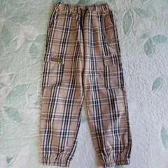 ベージュ系チェック カーゴパンツ チェーン付き