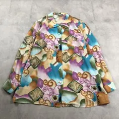 昭和レトロ水彩柄長袖シャツブラウス手塗り風アートカラフルブラウンライトブルー古着