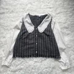 【美品】H&M 異素材MIX ビッグカラー フリルブラウス ツイード L 黒