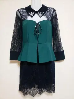 緑と黒のレーススリーブペプラムドレスL