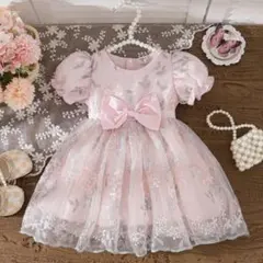 【写真映え】お花の刺繍 ピンクドレス　68〜98サイズ　リングガール　結婚式