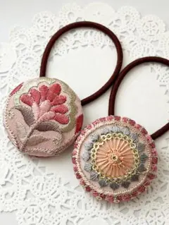 【No.258】インド刺繍 くるみボタン38㎜ ヘアゴム 2個セット