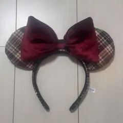 ミッキー耳　カチューシャ チェック柄 ボルドーリボン