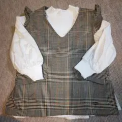 チェック柄フリル袖Vネックトップス セット プティマイン