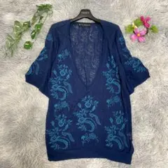 【ケイタマルヤマ】カーディガン(1) 花柄 鳥 刺繍 綿麻 透かし編み ネイビーのサムネイル