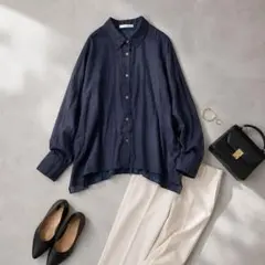 コラージュ 異素材切替 バックボタン シアーシャツ リネン ネイビー 訳あり F