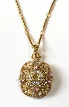 ★ネックレス アンティーク風 マイクロパール ピンクラインストーン ゴールド系