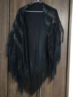 フラメンコ用 黒のストール フリンジ付
