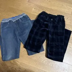 デニム　チェック柄　パンツセット　秋冬　裏起毛