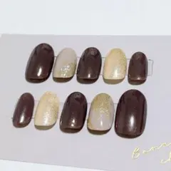 ダークブラウン・ベージュ・ゴールドネイルチップセット