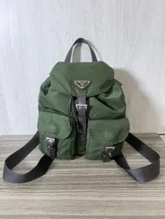 PRADA リュック　三角ロゴプレート　カーキ　レザー　　バックパック