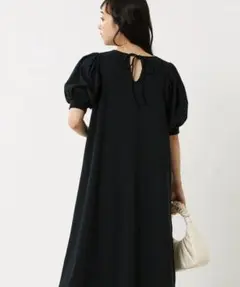 O944フリークスロングワンピース半袖ブラック黒無地コットン綿フレアクルーネック
