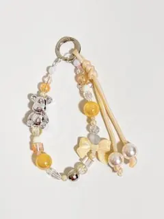 クマ・リボンビーズチャームキーホルダー　イエロー系　パラコード