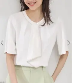 配色ボウタイ風ハーフスリーブブラウス/通勤対応