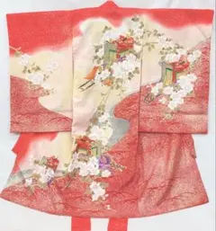 七五三お宮参り女児　初着一つ身　長襦袢付　御所車・桜《子供472》#江戸小もーん