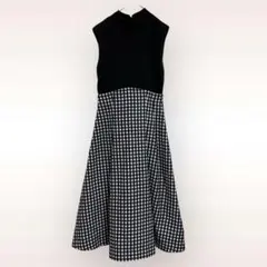セルフォード ドッキングワンピース ノースリーブニット ブラックチェック フレア
