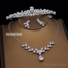 高品質ジルコニアリーフティアラ＆ネックレスイヤリング/ピアスウェディング結婚式
