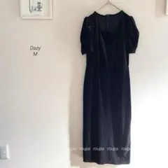 Dazy スクエアネックパフスリーブベロアワンピースドレスブラック8718