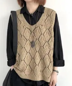 SEU Vネックダイヤモンド柄透かし編みニットベスト