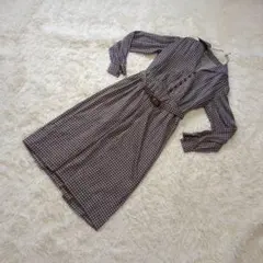 長袖ワンピース　ベルト付き　ブロックチェック　レトロ感　ひざ丈