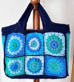ハンドメイド トートバッグ 
青系モチーフ編み