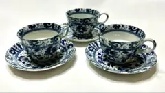 青い花模様と鶏の絵柄のレトロ　カップ・ソーサー 3個セット