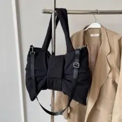 【ブラック】トートバッグ ショルダーバッグ リボン ふんわり 軽量 2way