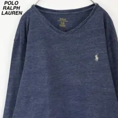 【大人気】ポロラルフローレン ロンT 刺繍ロゴ Vネック Lサイズ ブルー 紺色
