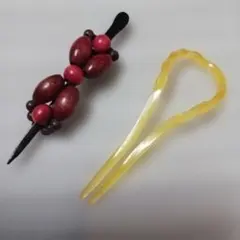 昭和レトロ　ヘア飾り 茶と赤色の髪飾り アンティークかんざし調　木製