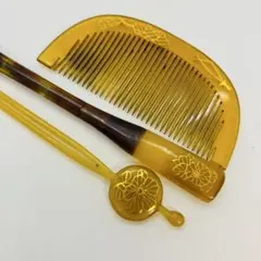 091010 樹脂　鼈甲風　透彫　菊　櫛　かんざし