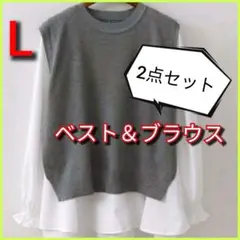 新品✨グレーベスト ベスト ＆ ブラウスレイヤード ニット 2点セット L