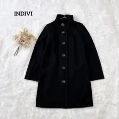 インディヴィ ハイネックコート 36 黒 ウール混 上品 通勤 シンプル