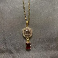 エレガントピンクトパーズ宝石風ゴールド ダブルストーン ネックレスジルコニア